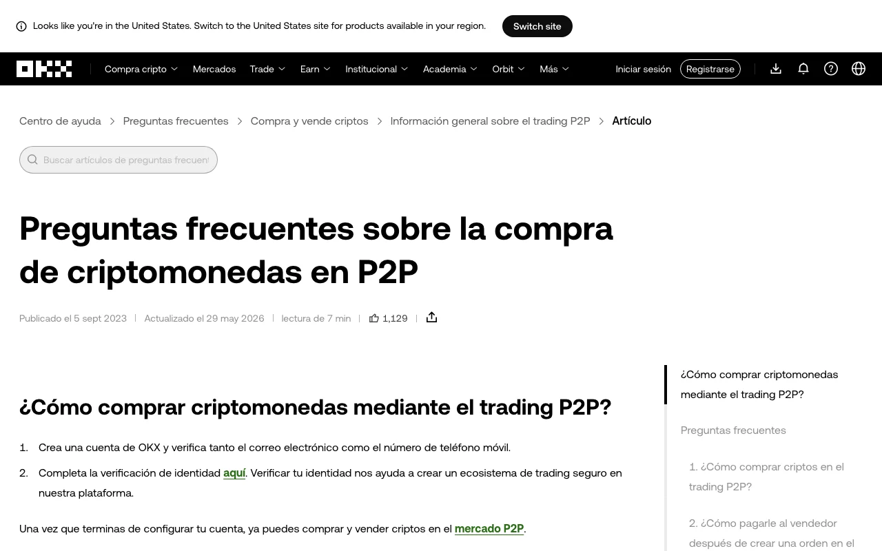 Captura real del Centro de ayuda de OKX con las instrucciones para comprar criptomonedas mediante P2P