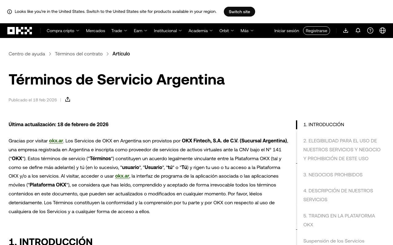 Captura real de los términos públicos de OKX aplicables a Argentina, donde se identifica la entidad local y su registro como PSAV